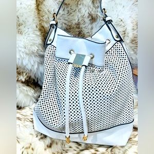 NWOT JUSTFAB White Hobo Bag Gold Hardware/lasercut detail/striped interior/vegan
